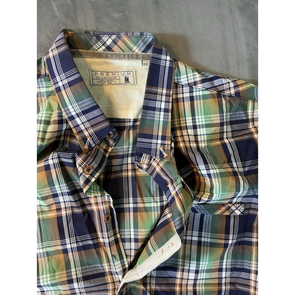 XXL 7 Diamonds Premium Mens Short Sleeve Performance Button Shirt Plaid Blue